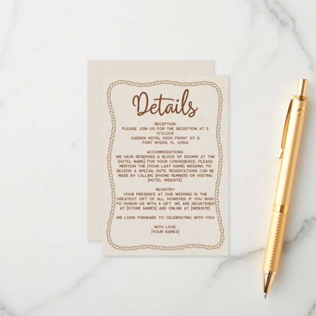 Western Rustic Casual Beige Brown Wedding Details Enclosure Card (Front/Back In Situ)