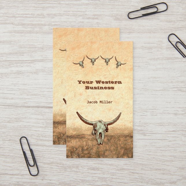 Western Rustic Country Cowboy Cow Bull Skull Business Card (Front/Back In Situ)