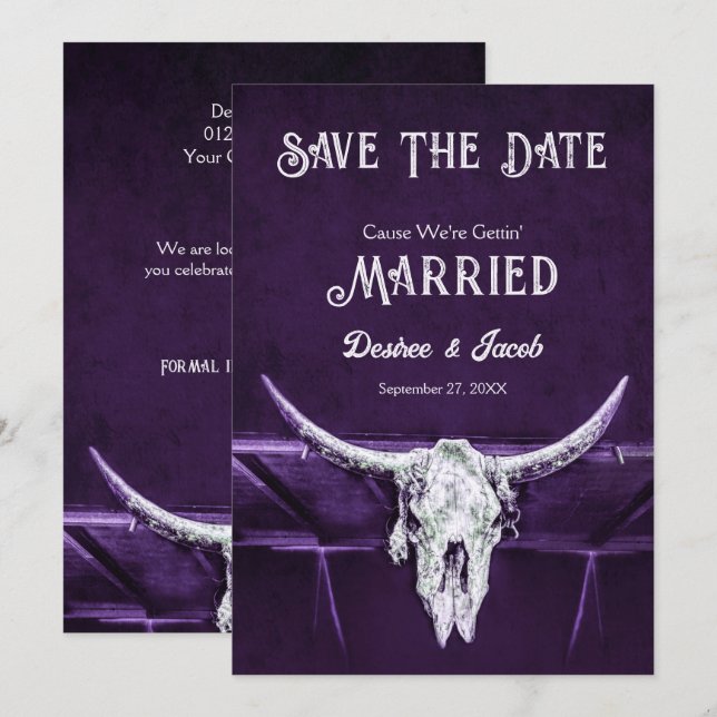 Western Rustic Country Dark Purple Bull Skull Save The Date (Front/Back)