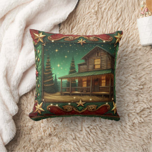 Western Rustic Country House Scene Christmas Cushion
