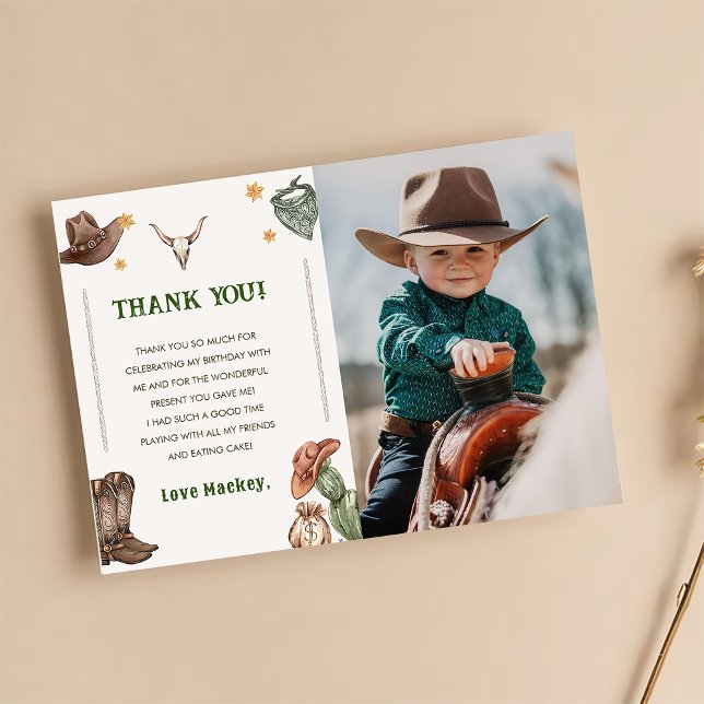 Western Rustic Cowboy Birthday Party Photo Thank You Card (Creator Uploaded)