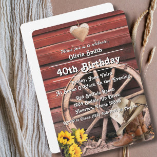 Western Rustic Cowgirl Boots Hat Sunflower 40th Invitation