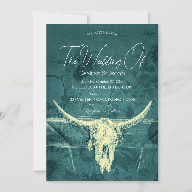 Western Rustic Dark Teal Sunflowers Bull Skull Invitation (Front)