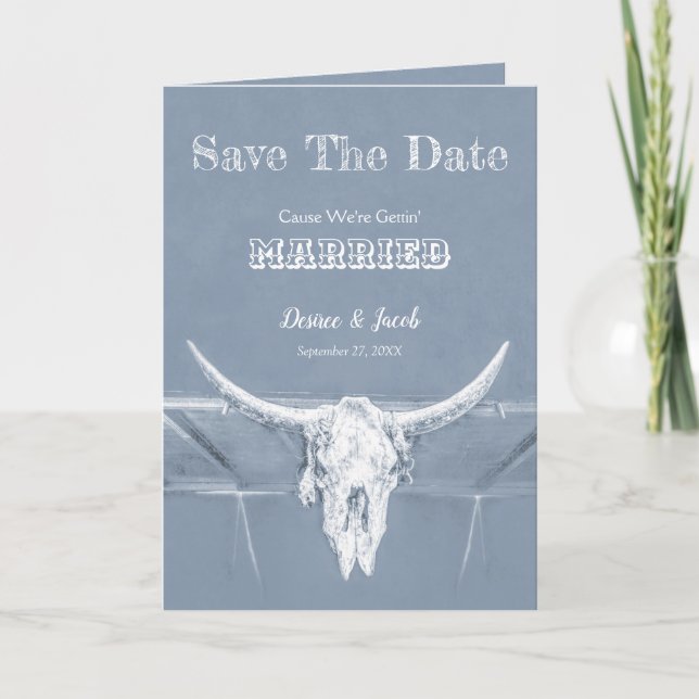 Western Rustic Dusty Blue White Save The Date Announcement (Front)