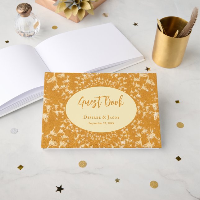 Western Rustic Gold Glitter Monogram Cow Skull Guest Book (Front Open)