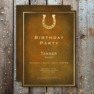 Western Rustic Horseshoe Brown Gold Birthday Invitation