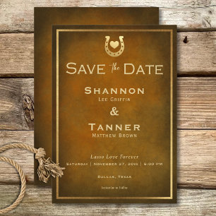Western Rustic Horseshoe Brown & Gold Wedding Save The Date