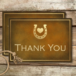 Western Rustic Horseshoe Brown & Gold Wedding Thank You Card