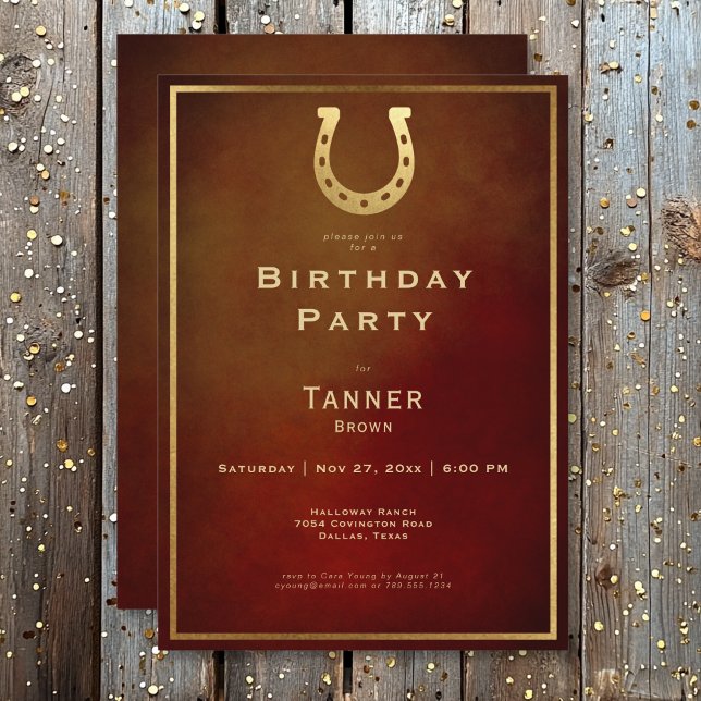 Western Rustic Horseshoe Burgundy Gold Birthday Invitation (Western Rustic Horseshoe Burgundy Gold Birthday Invitation)