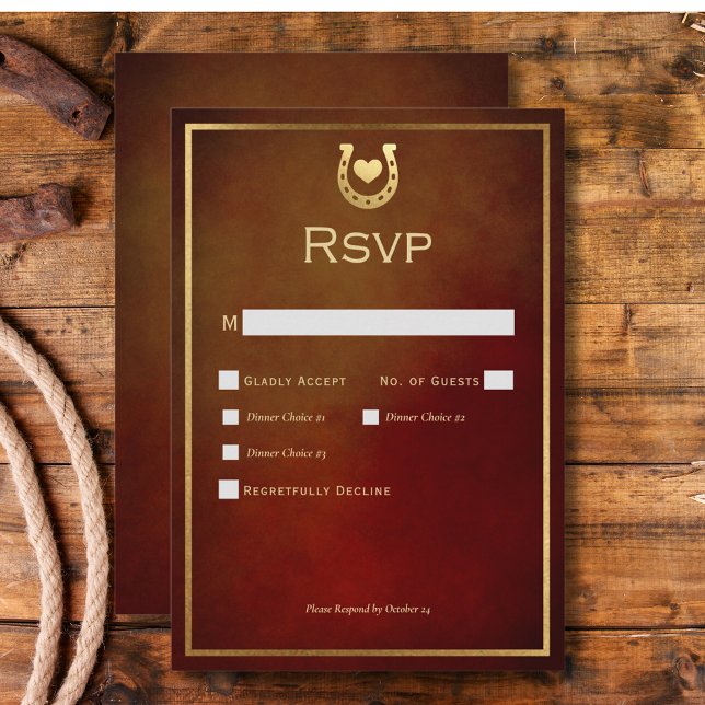 Western Rustic Horseshoe Burgundy & Gold Dinner RSVP Card (Western Rustic Horseshoe Burgundy & Gold Dinner RSVP Card)