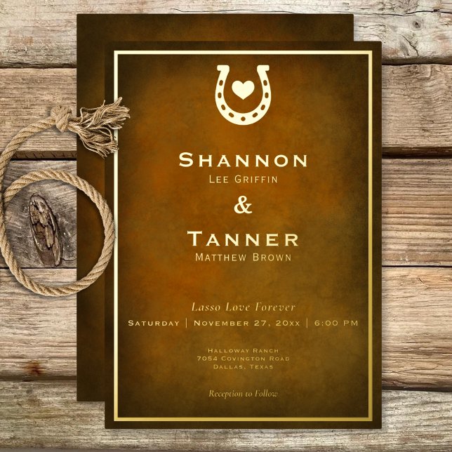 Western Rustic Horseshoe Heart Brown Gold Wedding (Western Rustic Horseshoe Heart Brown Gold Wedding Foil Invitation)