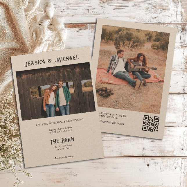 Western Rustic Photo with QR code Kraft Paper Invitation (Creator Uploaded)