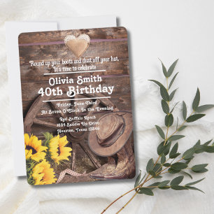 Western Rustic Sunflower Boot Hat 40th Birthday Invitation