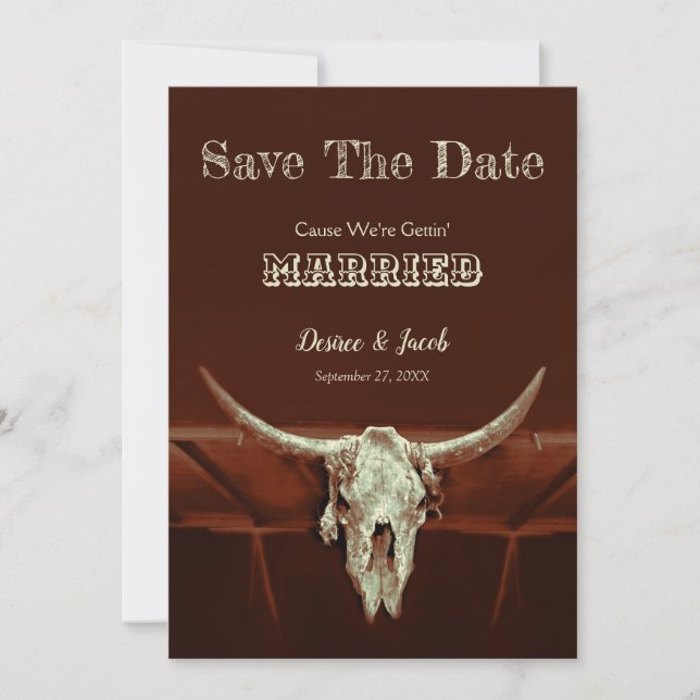 Western Rustic Wedding Bull Skull Save The Date (Front)