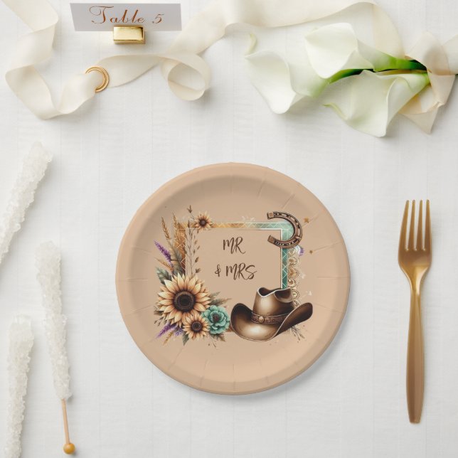 Western Rustic Wedding Mr & Mrs 7 inch Party Paper Plate (Wedding)