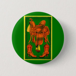 Western saddle and cowboy boots 6 cm round badge