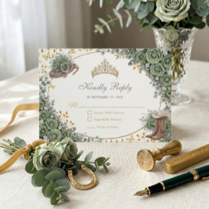 Western Sage Green Rose Golden Country Quinceañera RSVP Card