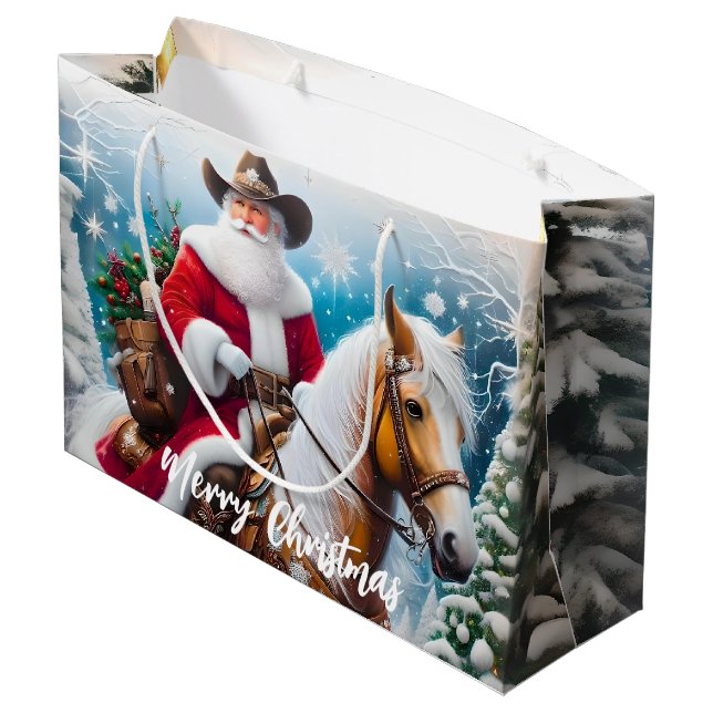 Western Santa Claus Riding a Horse Christmas Large Gift Bag (Back Angled)