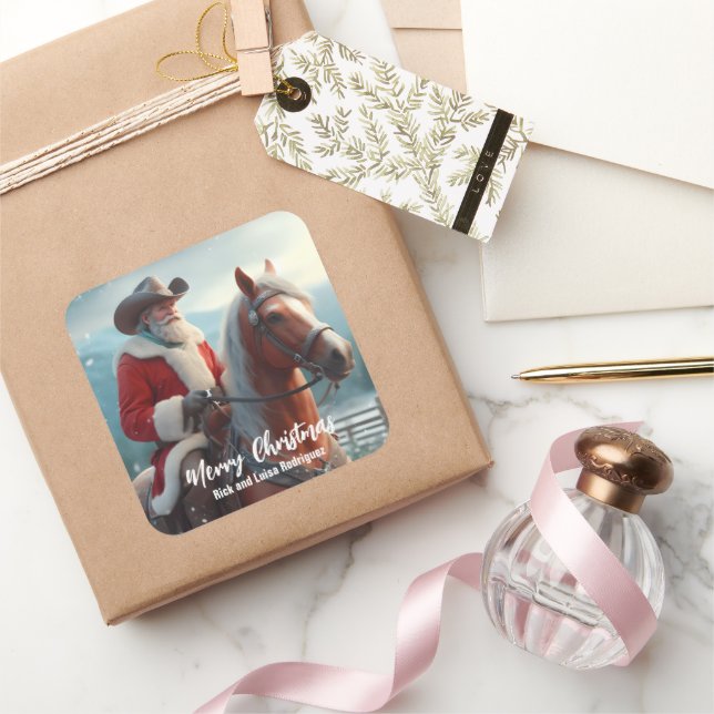 Western Santa Claus Riding a Horse Christmas Square Sticker (Gifting)