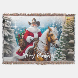 Western Santa Claus Riding a Horse Christmas Throw Blanket