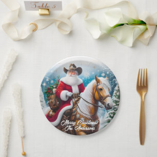 Western Santa Claus Riding Palomino Christmas Paper Plate