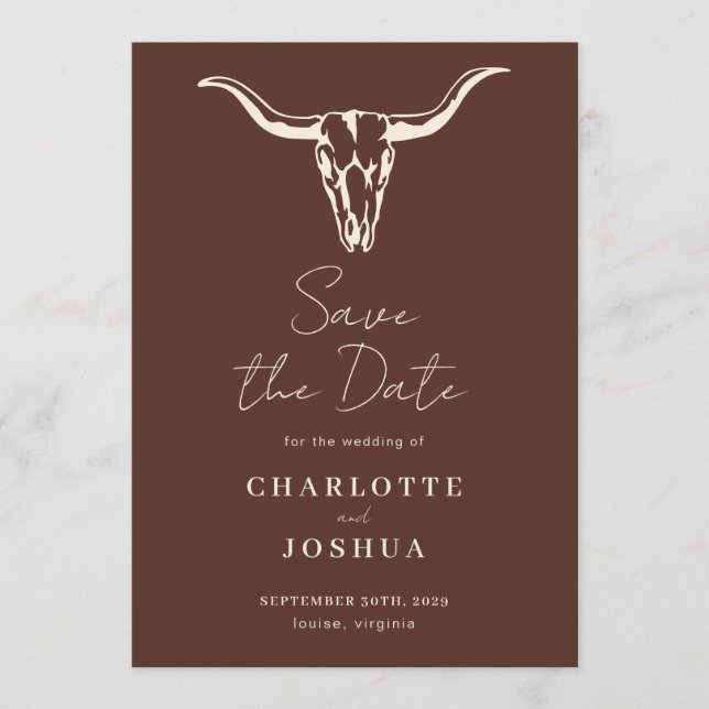 Western Save the Date | Rustic Boho Cow Skull (Front)