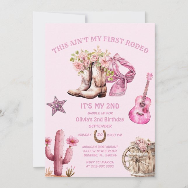 Western Second Rodeo Bows Pink Cowgirl Birthday  Invitation (Front)
