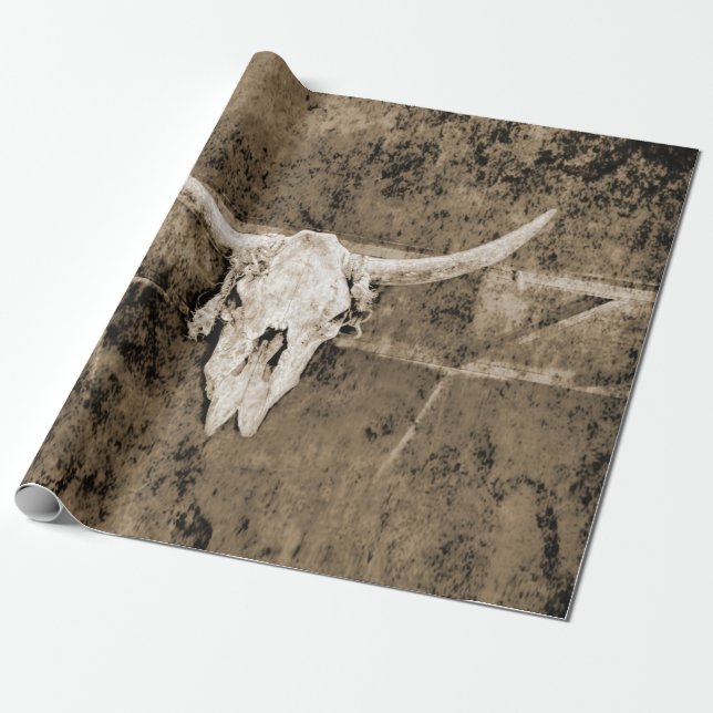 Western Sepia Brown Texture Cowboy Bull Skull Wrapping Paper (Unrolled)