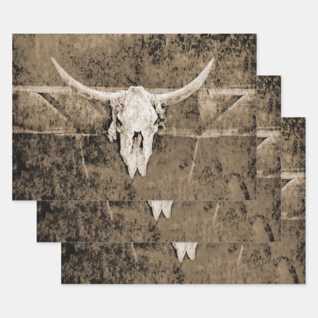 Western Sepia Brown Texture Cowboy Bull Skull Wrapping Paper Sheet (Set)