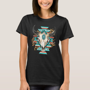 Western Serape Aztec Cow Skull Bull Skull Cowgirl T-Shirt
