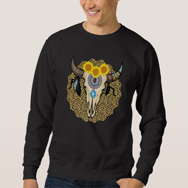 Western Serape Cow Skull Print Sunflower Leopard T Sweatshirt (Front)