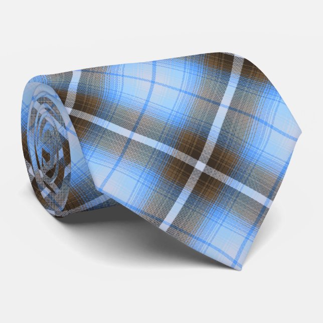 Western Shadow Plaid Brown and Cyan Two-sided Tie (Rolled)
