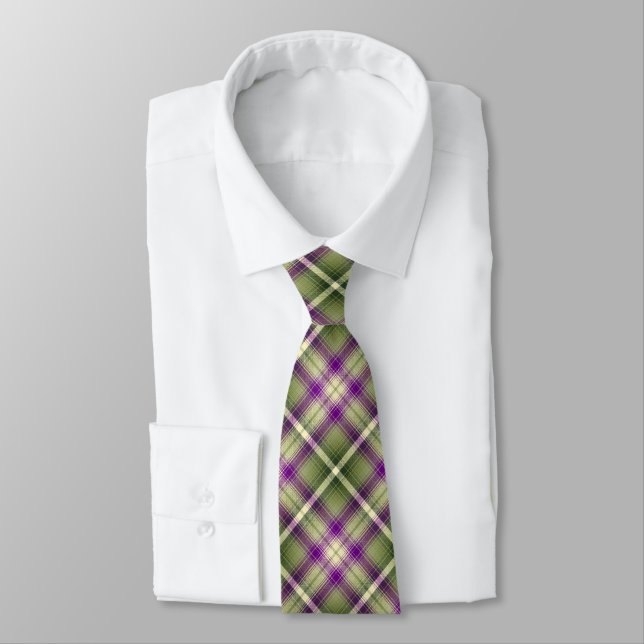 Western Shadow Plaid Olive and Violet Two-sided Tie (Tied)