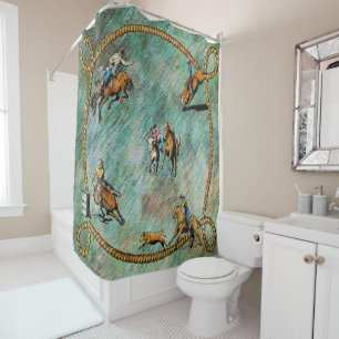 Western Shower Curtain With Rodeo Events And Rope