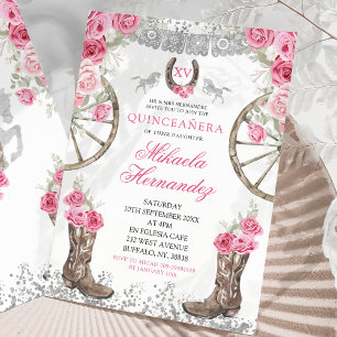 Western Silver Pink Floral Charra Quinceañera Invitation