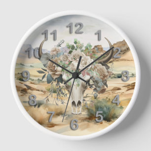 Western skull boho white rose desert landscape clock