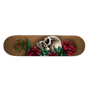Western Skull with Red Roses and Revolver Pistol Skateboard