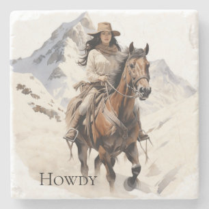 Western Southwest Cowgirl on Horse Stone Coaster