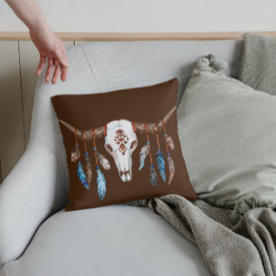 Western Steer Skull and Feathers Cushion