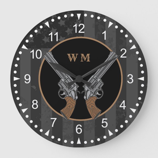 Western Style Crossed Guns With Monogram Large Clock (Front)