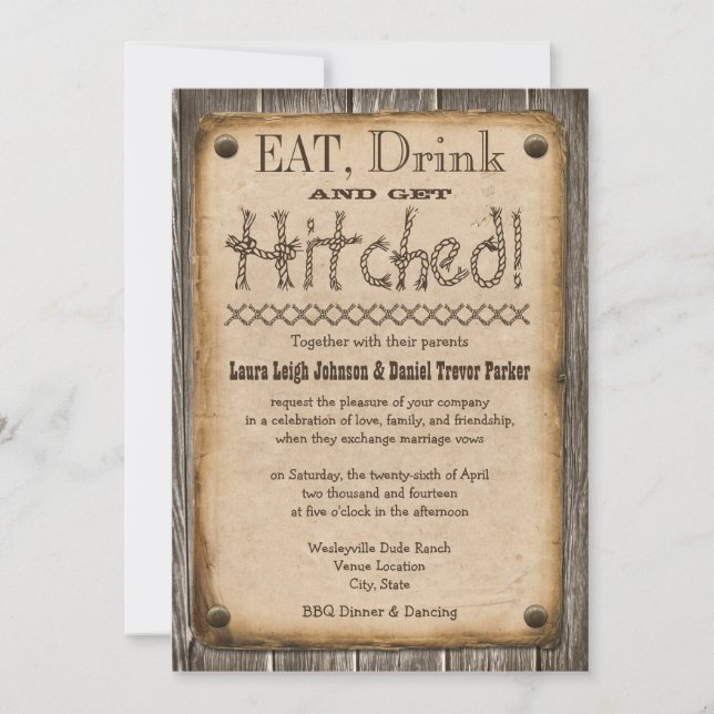 Western Style Eat, Drink and Get Hitched Wedding Invitation (Front)