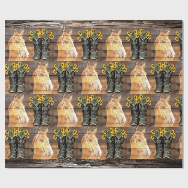 Western Style Horse And Cowboy Boots Sunflowers Wr Wrapping Paper (Flat)