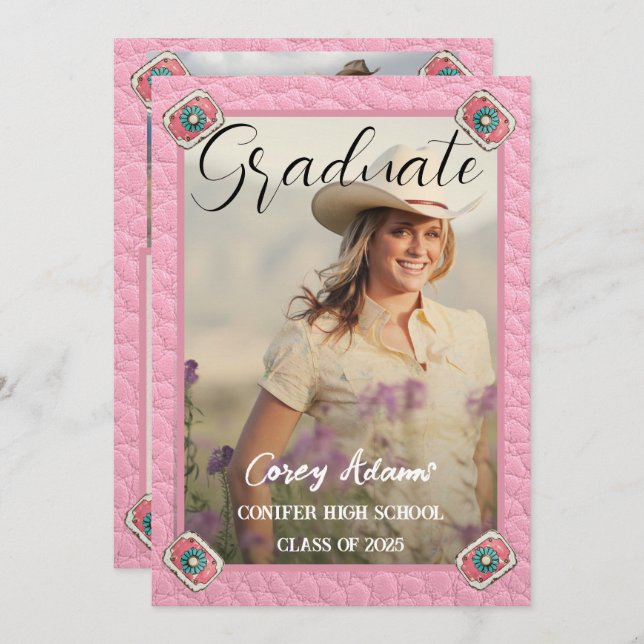 Western Style Pink Cowgirl Photo Graduation Invitation (Front/Back)