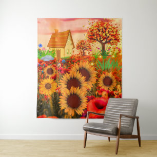 Western Sun Flowers Art Painting - Rustic Farm  Tapestry
