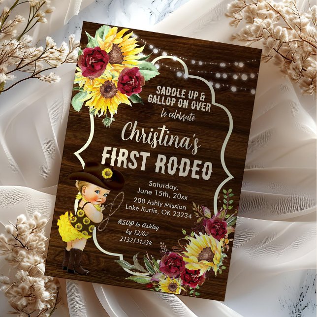 Western Sunflower Roses Cowgirl First Birthday Invitation (Creator Uploaded)