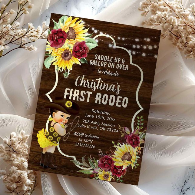 Western Sunflower Roses Cowgirl First Birthday Invitation (Creator Uploaded)