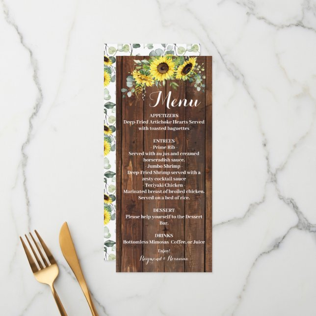 Western Sunflowers Greenery Wedding Bridal Shower Menu (Front/Back In Situ)