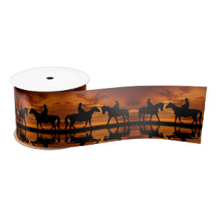 Western Sunset Horseback Riding cowboy silhouette Satin Ribbon