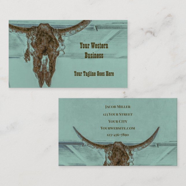 Western Teal Brown Country Bull Cow Skull Barn Business Card (Front/Back)