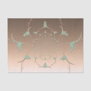 Western Teal Green Brown Rustic Bull Cow Skull Tissue Paper